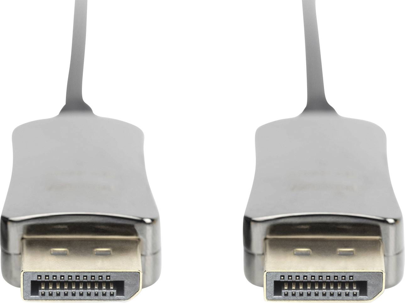 Két egymás mellett fekvő DisplayPort-csatlakozó, amelyeket egy lapos, fekete kábel köt össze.