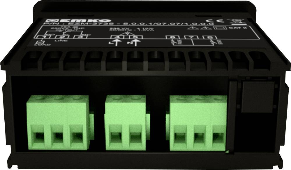 Egy fekete elektromos modul zöld csatlakozókapcsokkal a vezetékek csatlakoztatásához és egy feliratozható felülettel a műszaki specifikációk számára.
