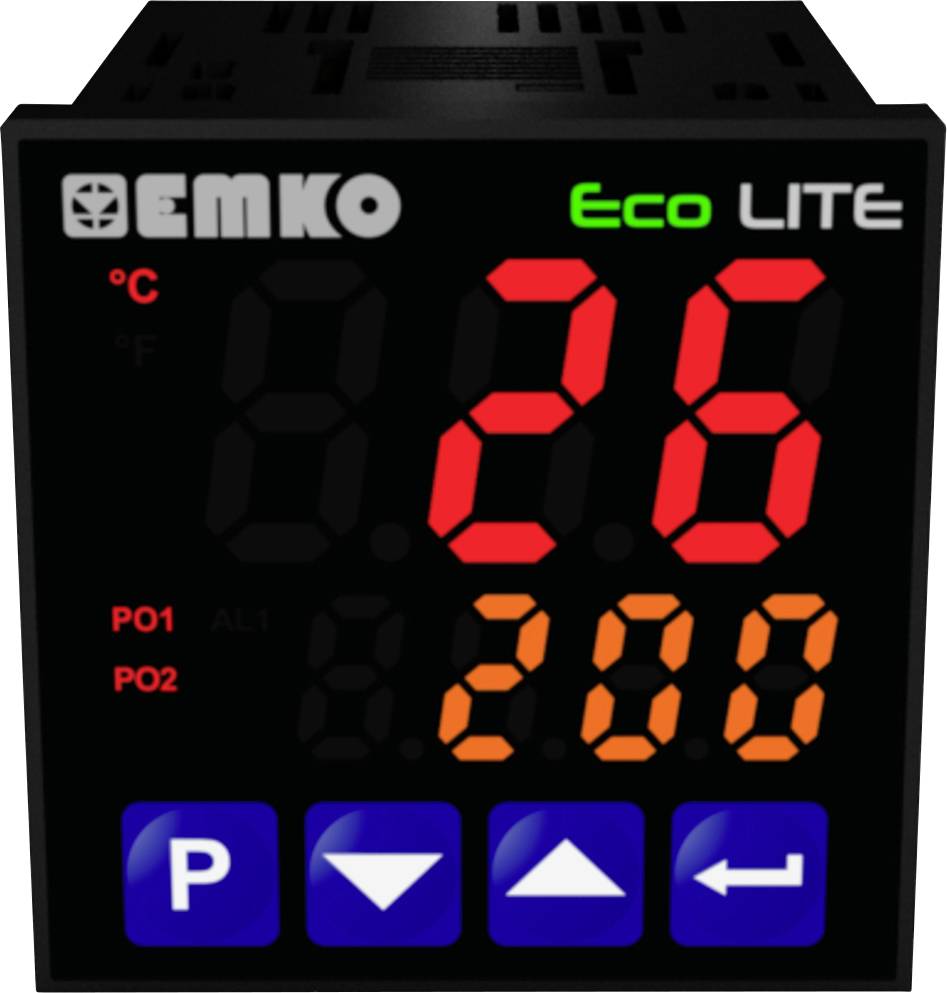 Digitális hőmérsékletkijelző '22.8°C' értéket mutat. Kezelőpanel három kék gombbal. Felül az 'Emko Eco Lite' felirat olvasható.