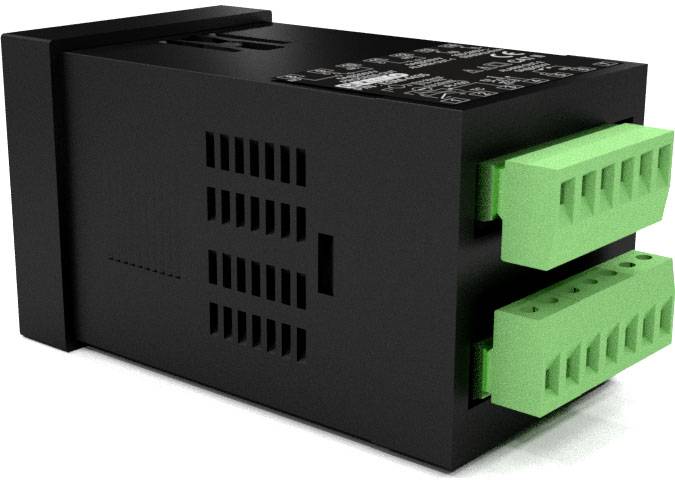 Fekete elektromos eszköz két zöld csatlakozókapoccsal, valószínűleg egy modul vagy adapter, fehér háttérrel.