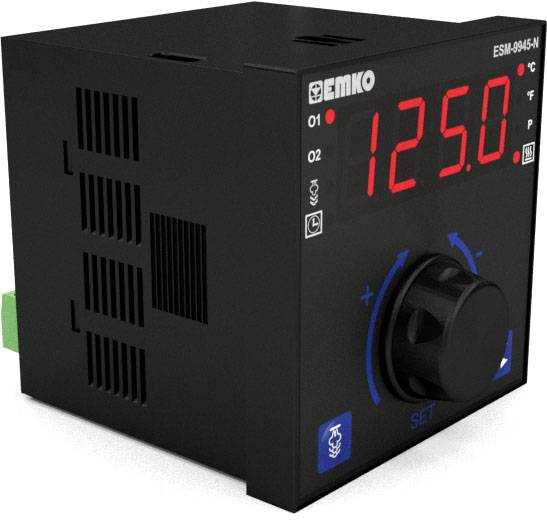 Fekete hőmérséklet-szabályzó mutat 125,0°C-ot. Gomb és digitális kijelző az előlapon, hőmérséklet- és beállítási funkciók szimbólumaival.