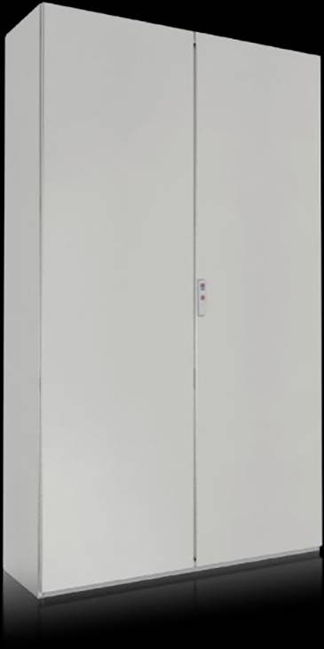 Nagy, kétajtós, szürke fémszekrény sima felülettel és kis zárral a közepén.