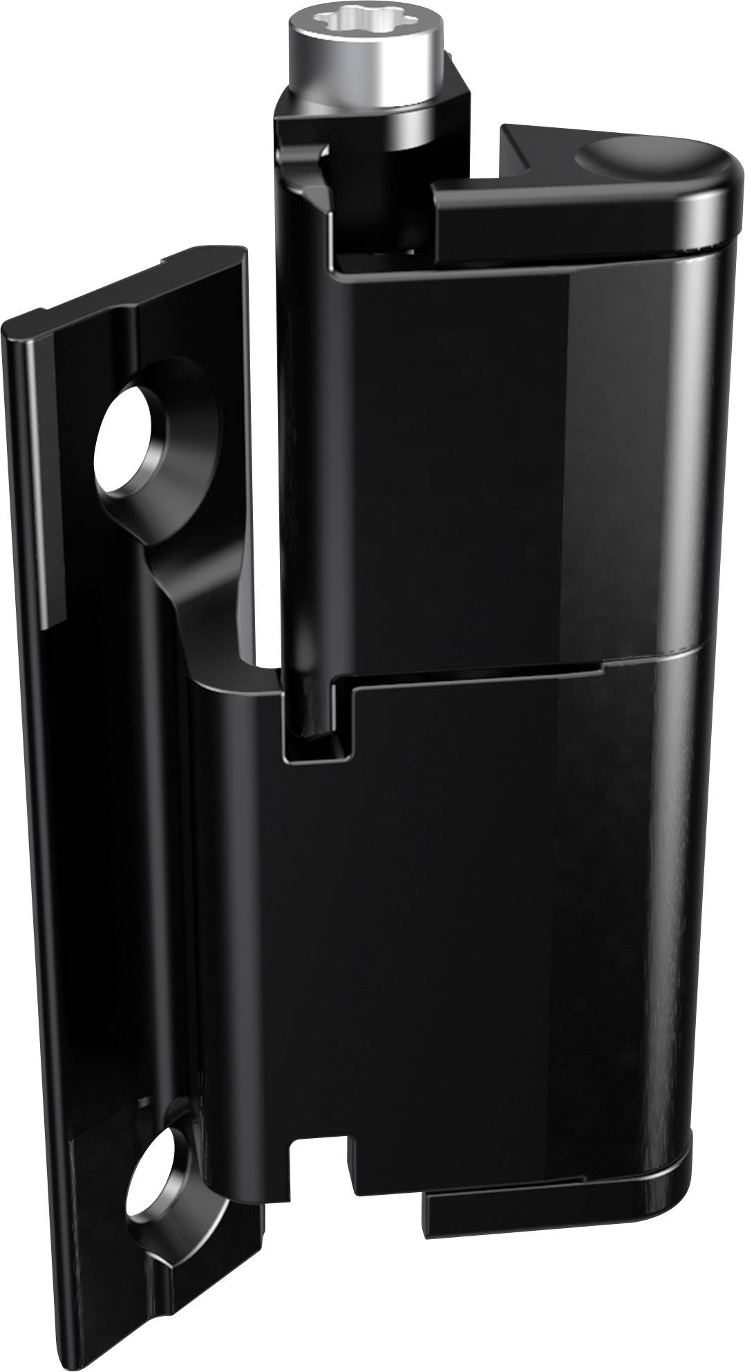 Fekete fémpánt, függőlegesen igazítva, két rögzítőlyukkal. Alkalmas ajtók vagy fedőlapok szereléséhez.