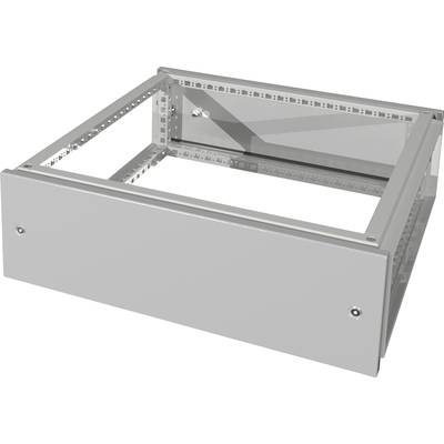 Egy szürke, téglalapú fémkeret, valószínűleg egy rack fiók szerelékcsomag, részben összeszerelve, látható nyílásokkal és csavarlyukakkal.