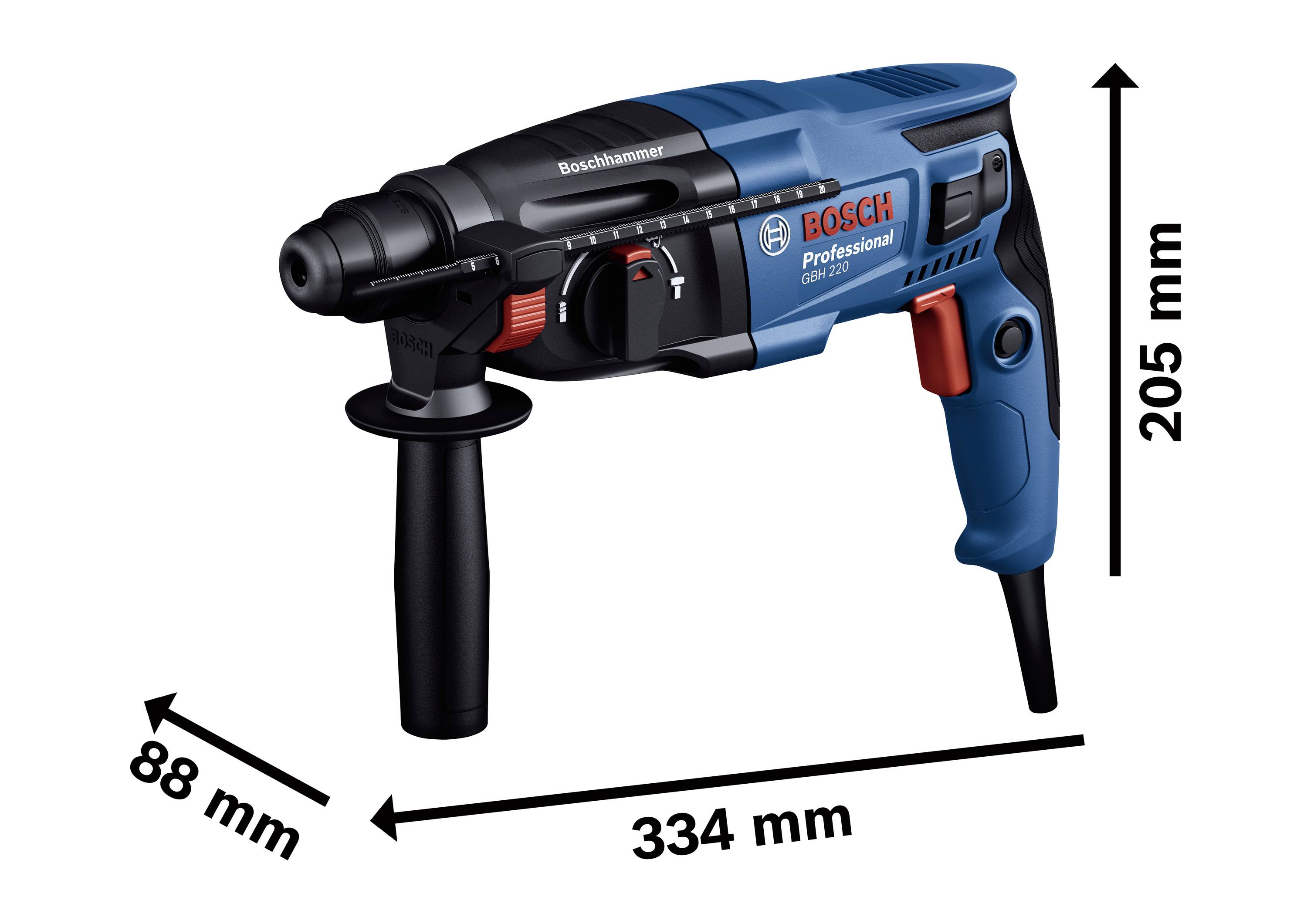 Kék és fekete fúrókalapács piros gombbal, fogantyúval, méretei: 334 mm hosszúság, 205 mm magasság, 88 mm szélesség. Márka: Bosch.