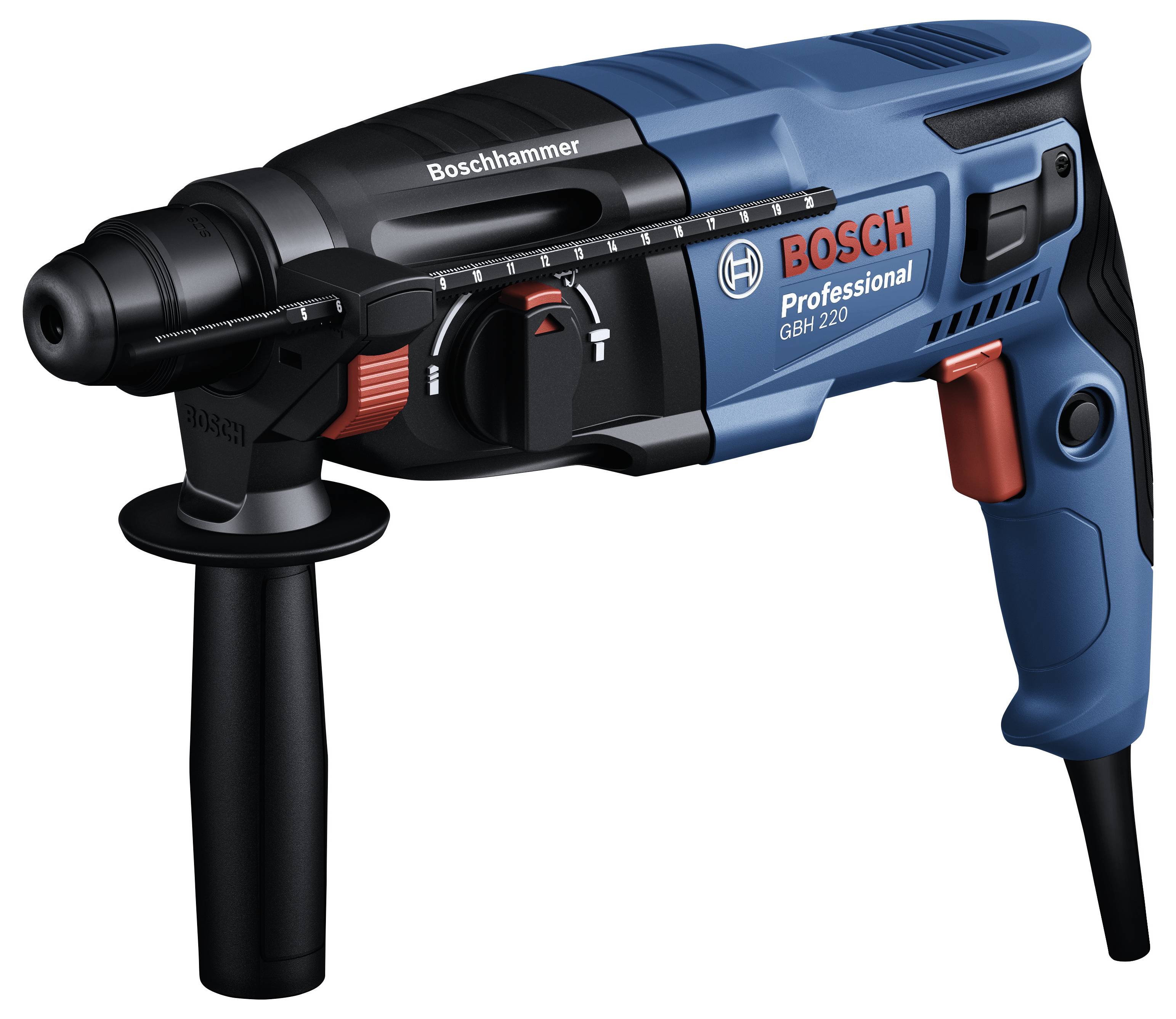 Bosch márkájú fúrókalapács, GBH 220-as modell, kék-fekete házburkolattal és piros sebességszabályzóval.