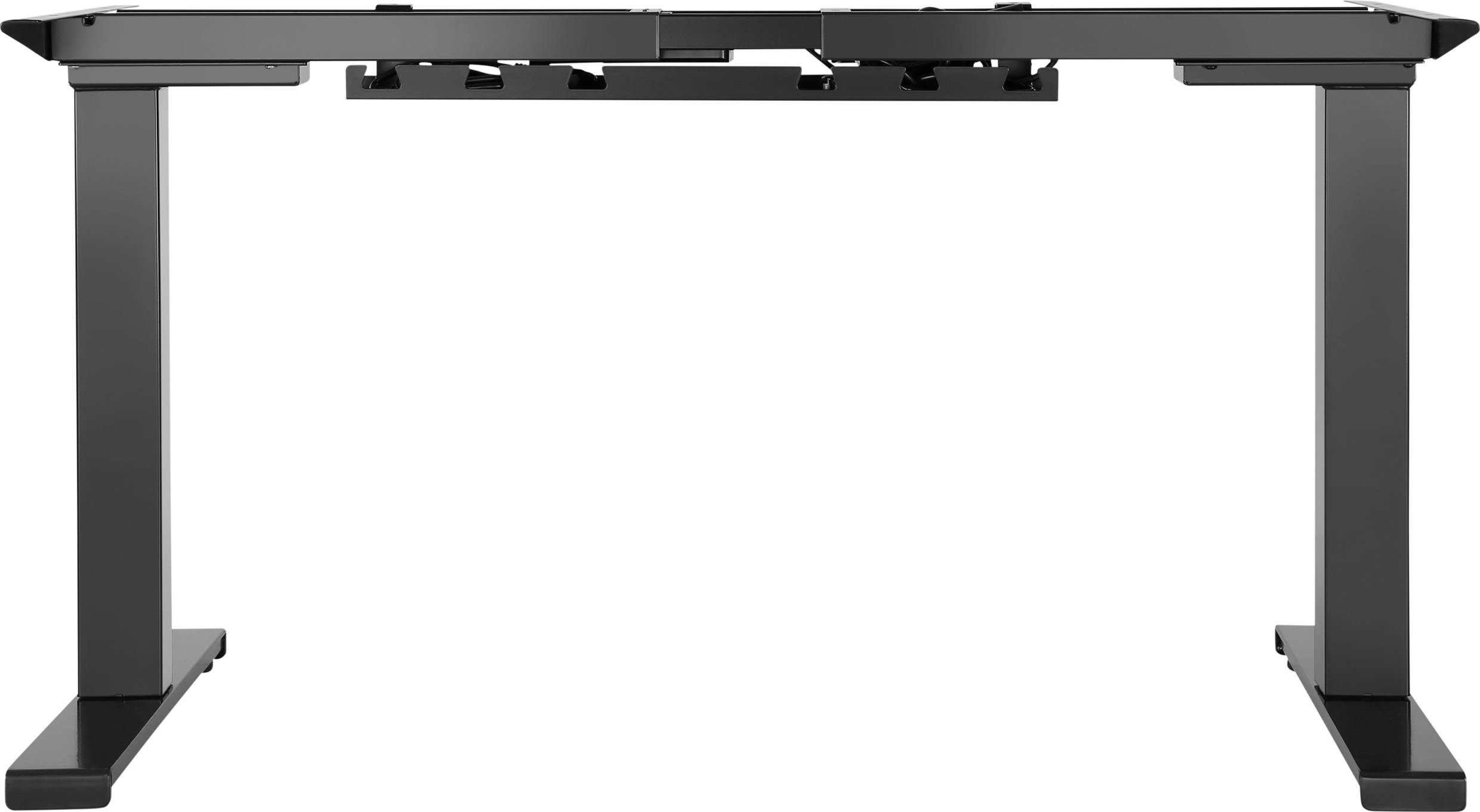Egy fekete színű, magasságállítható íróasztal asztallap nélkül. Két stabil fémláb és egy vezérlőegység látható rajta.