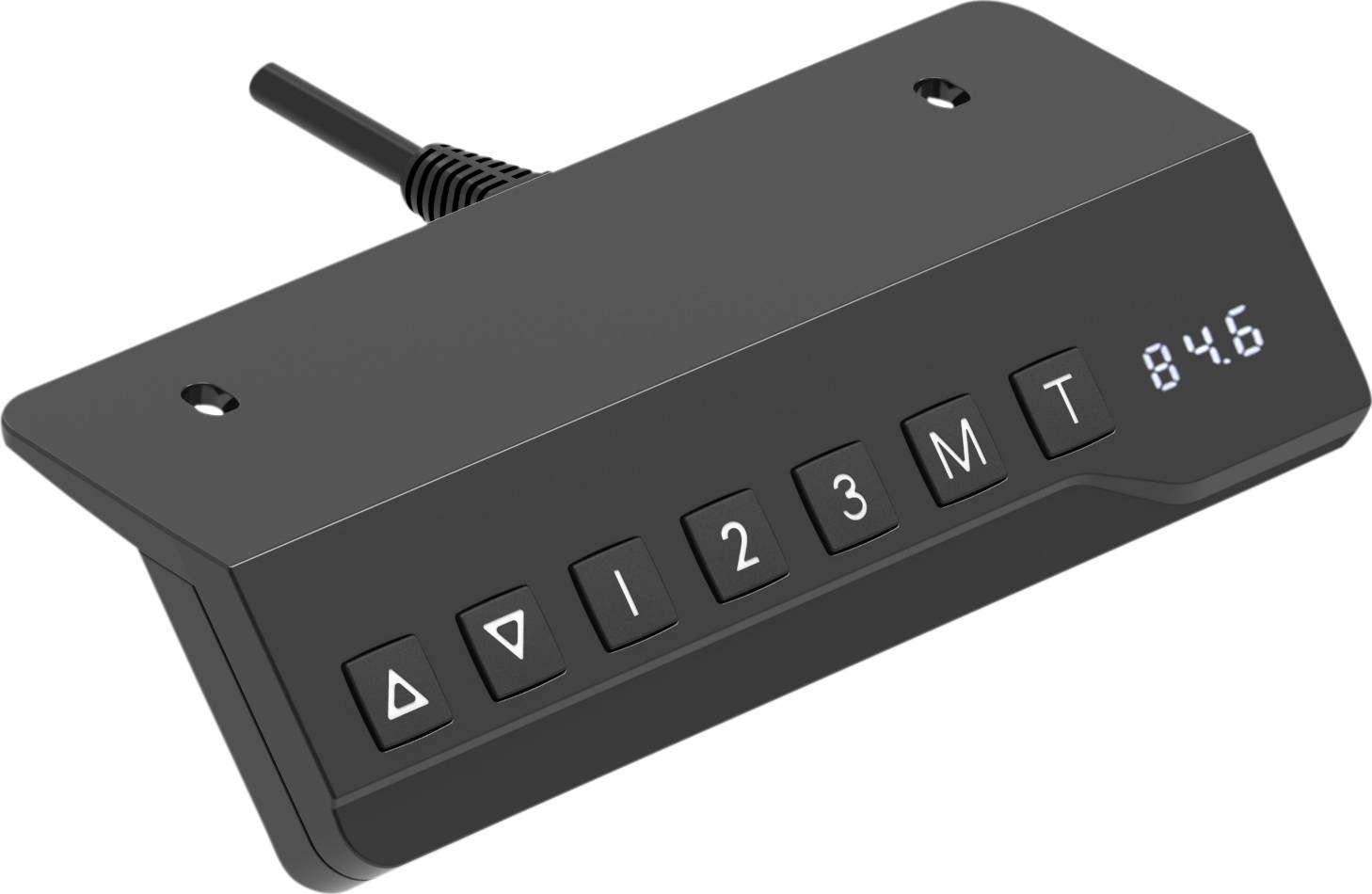 Fekete digitális vezérlőkar kijelzővel, amely számokat jelenít meg. Tartalmaz nyílszimbólumos gombokat, 1-3-ig terjedő számgombokat, valamint az 'M' és 'T' feliratú gombokat.