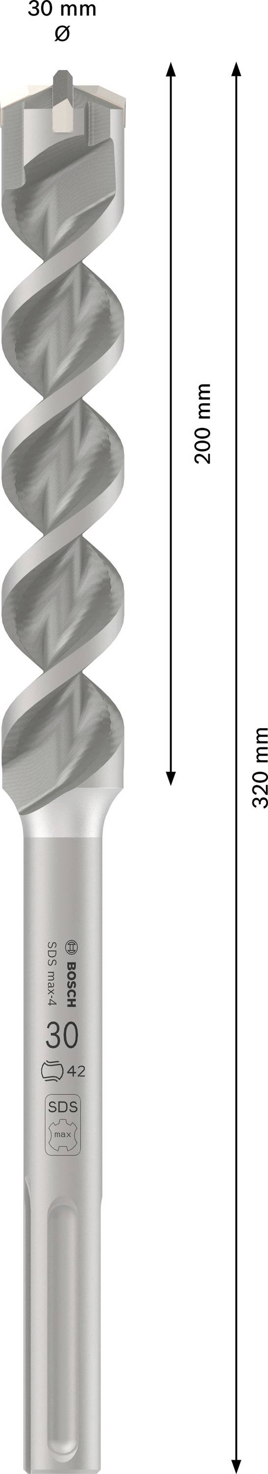 Fúró 30 mm átmérővel, 200 mm hasznos hosszúsággal és 340 mm teljes hosszúsággal. Betonfúrásokhoz alkalmas.