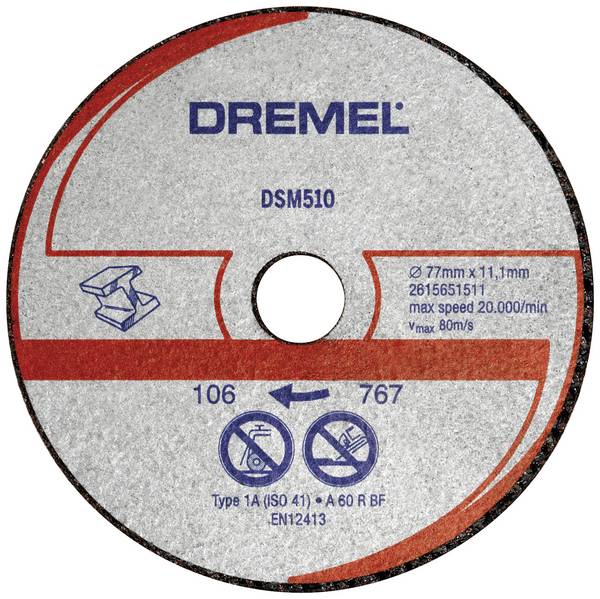 Dremel  DSM510  2615S510JB  Vágótárcsa, egyenes  77 mm  3 db  Alumínium, Vörösréz, Öntött vas, Plexiüveg, Vinyl, Műanyag, Rost