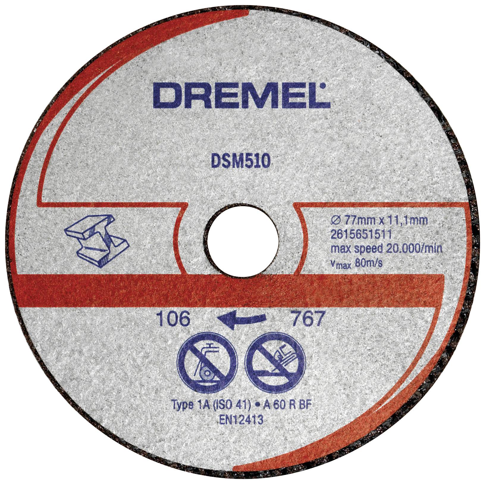'Ezüstszínű vágókorong piros csíkokkal és Dremel DSM510 felirattal, max. 20000 ford/perc, alkalmas fémmegmunkálásra.'