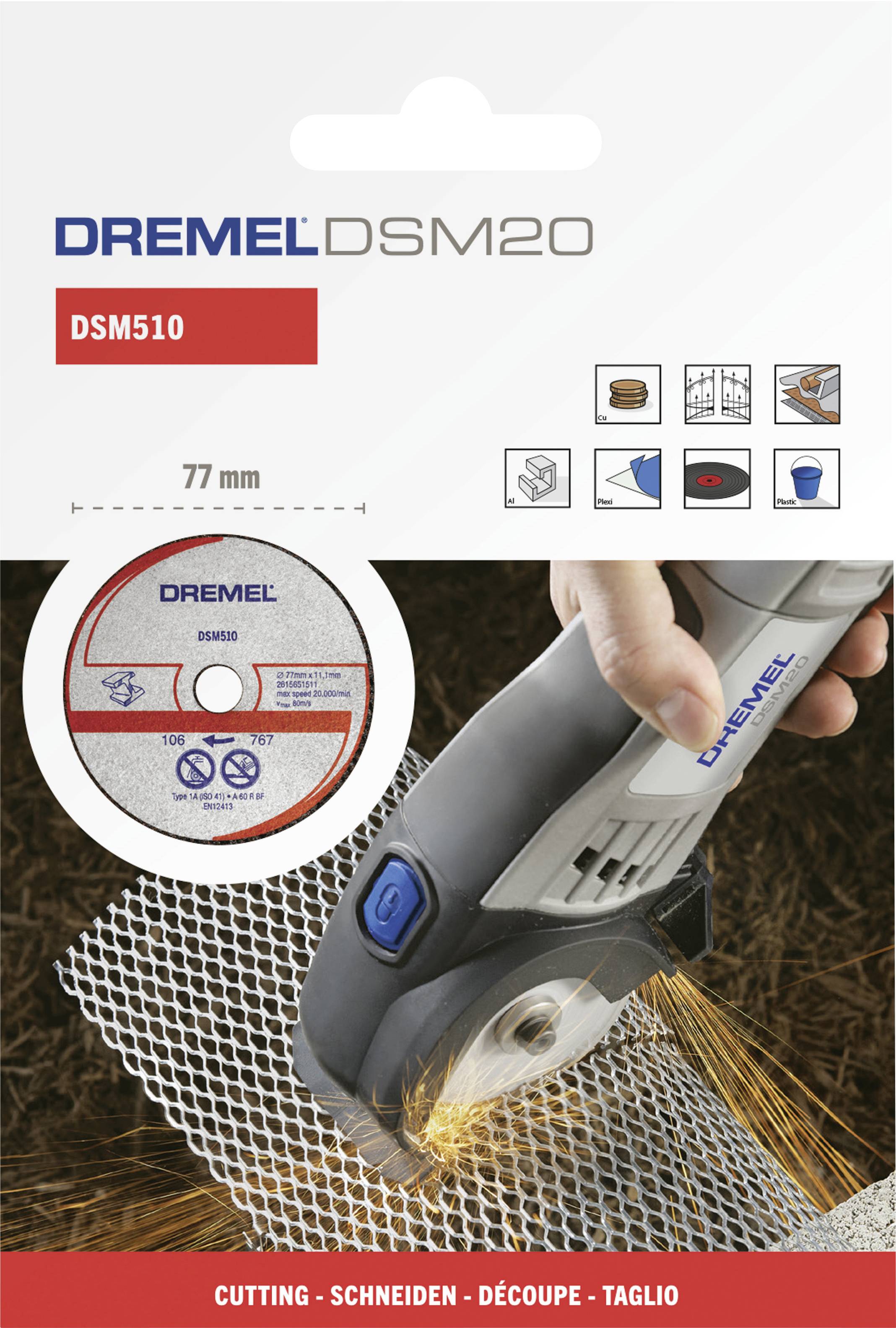 A Dremel DSM510 csomagolása, amelyen egy vágókorong képe látható precíziós vágáshoz. Szöveg: '77 mm', különböző anyagokhoz tartozó szimbólumok.