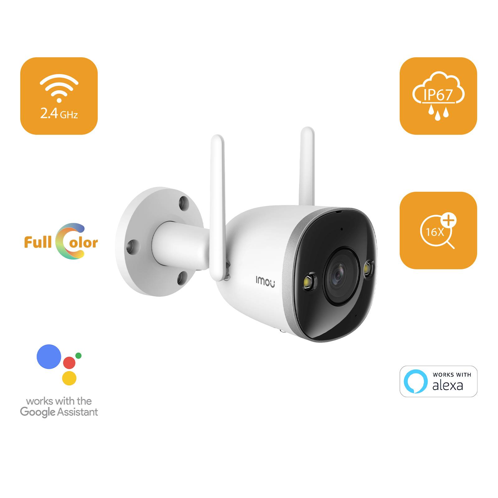 Egy WiFi-s biztonsági kamera IP67-es védelemmel, 16x zoom-mal és teljes színű éjszakai üzemmóddal. Kompatibilis Google Assistanttel és Alexával.