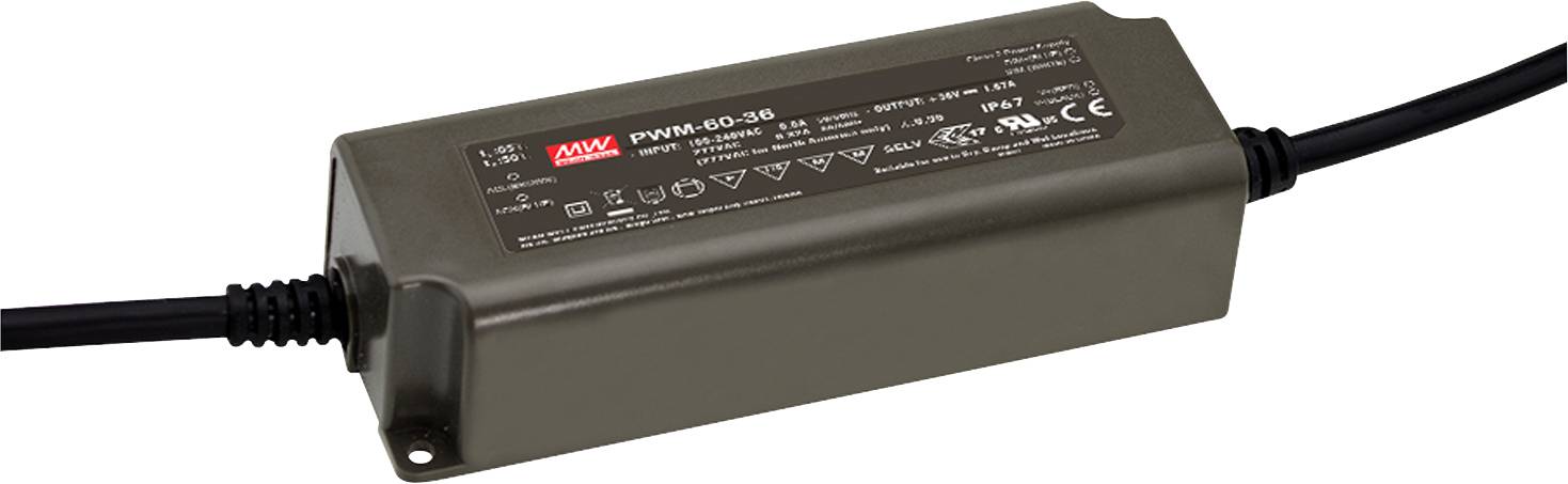 Egy fekete LED-tápegység (PWM-90-36 modell) a Mean Well gyártótól, amelynek felső oldalán műszaki specifikációk és tanúsítványok láthatók.
