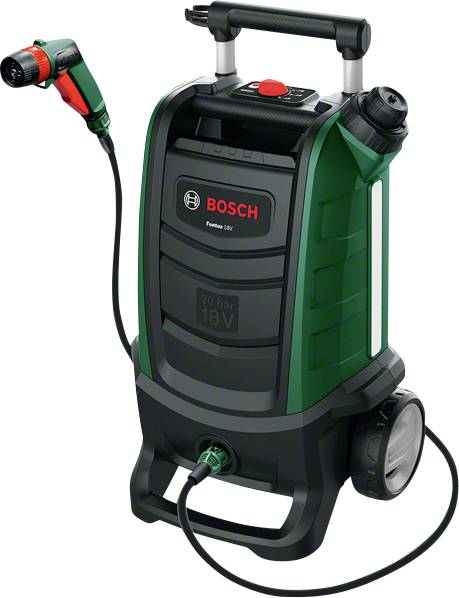Egy mobil magasnyomású mosó tömlővel és szórófejjel. A 'Bosch' márkanév látható az első oldalán.