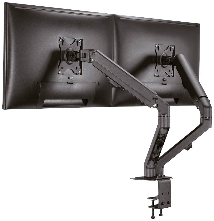 Egy fém kettős monitartó kar, amely az asztalhoz rögzítve két képernyőt tart egymás mellett ergonomikus elrendezésben.