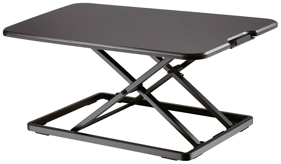Egy magasságállítható, fekete asztali állvány modern dizájnban, tökéletes laptoptartónak vagy állópult kiegészítőnek.