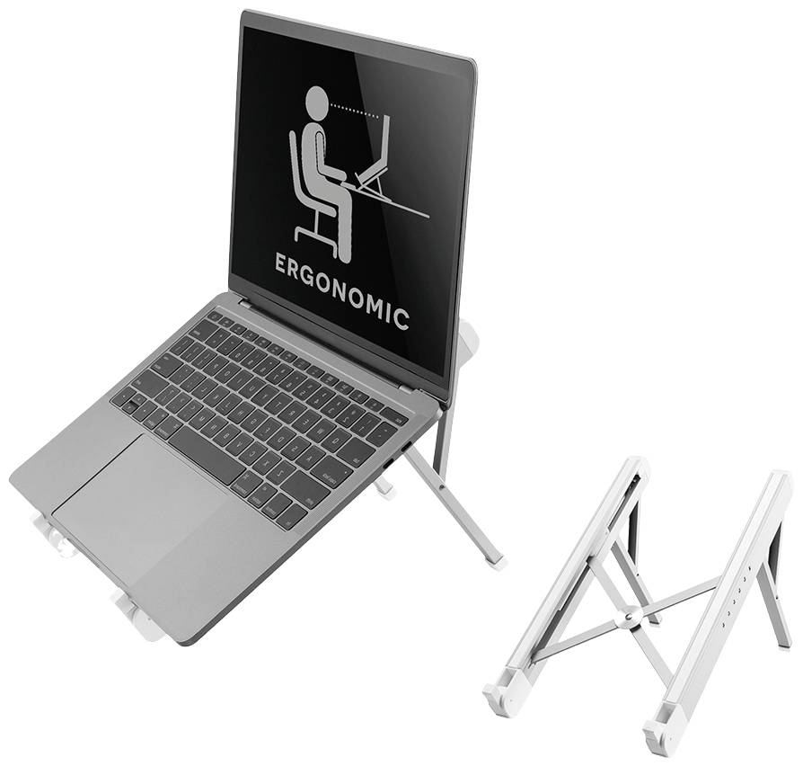 Egy laptop egy állítható magasságú tartón egy ergonomikus ülőhelyzetet mutat. A mellette lévő tartó össze van hajtva.