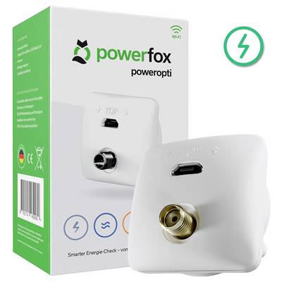A 'Powerfox poweropti' eszköz a csomagolása előtt, látható egy tápegység-csatlakozóval és Wi-Fi képességgel. Energiatakarékos intelligens energiafogyasztás-figyelő.