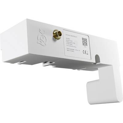 Egy fehér elektronikai eszköz koaxiális csatlakozóval, QR-kóddal és specifikációs címkével, amely műholdas vagy kommunikációs célokra szolgál.