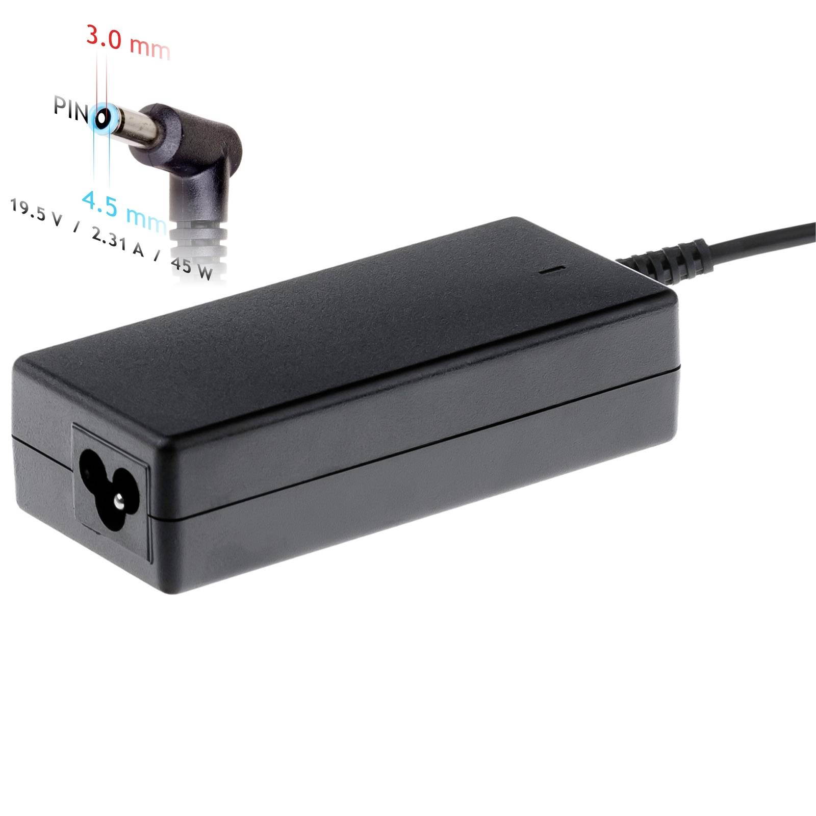Egy fekete laptop-tápegység L alakú csatlakozóval. A csatlakozó külső átmérője 4,5 mm, a tűátmérője pedig 3,0 mm.