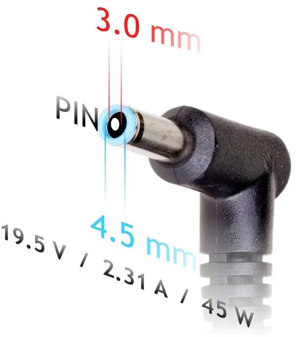 Hálózati adapter méretekkel jelölve: 3,0 mm külső, 4,5 mm belső, PIN középen. Részletek: 19,5 V, 2,31 A, 45 W.