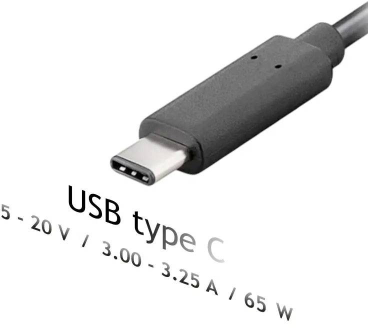 Fekete USB-C kábel, mellette szöveggel a specifikációkkal: '5 - 20 V / 3,00 - 3,25 A / 65 W'.