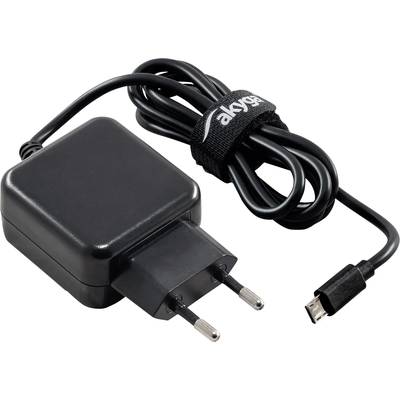 Fekete hálózati tápegység európai csatlakozóval és USB-kábellel, részben feltekerve és tépőzárral rögzítve.