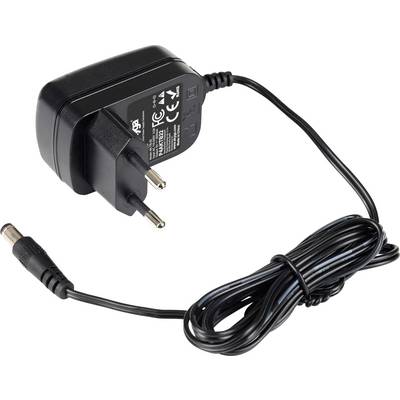 Fekete hálózati tápegység európai csatlakozóval és kábellel, elektronikus készülékekhez alkalmas. Műszaki információk a felső oldalán találhatók.
