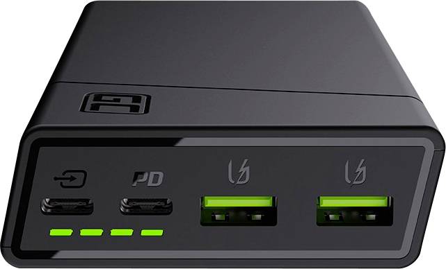 Kompakt töltő két USB-A és két USB-C porttal, zöld LED-kijelzőkkel és fekete házban. Alkalmas gyorstöltésre.