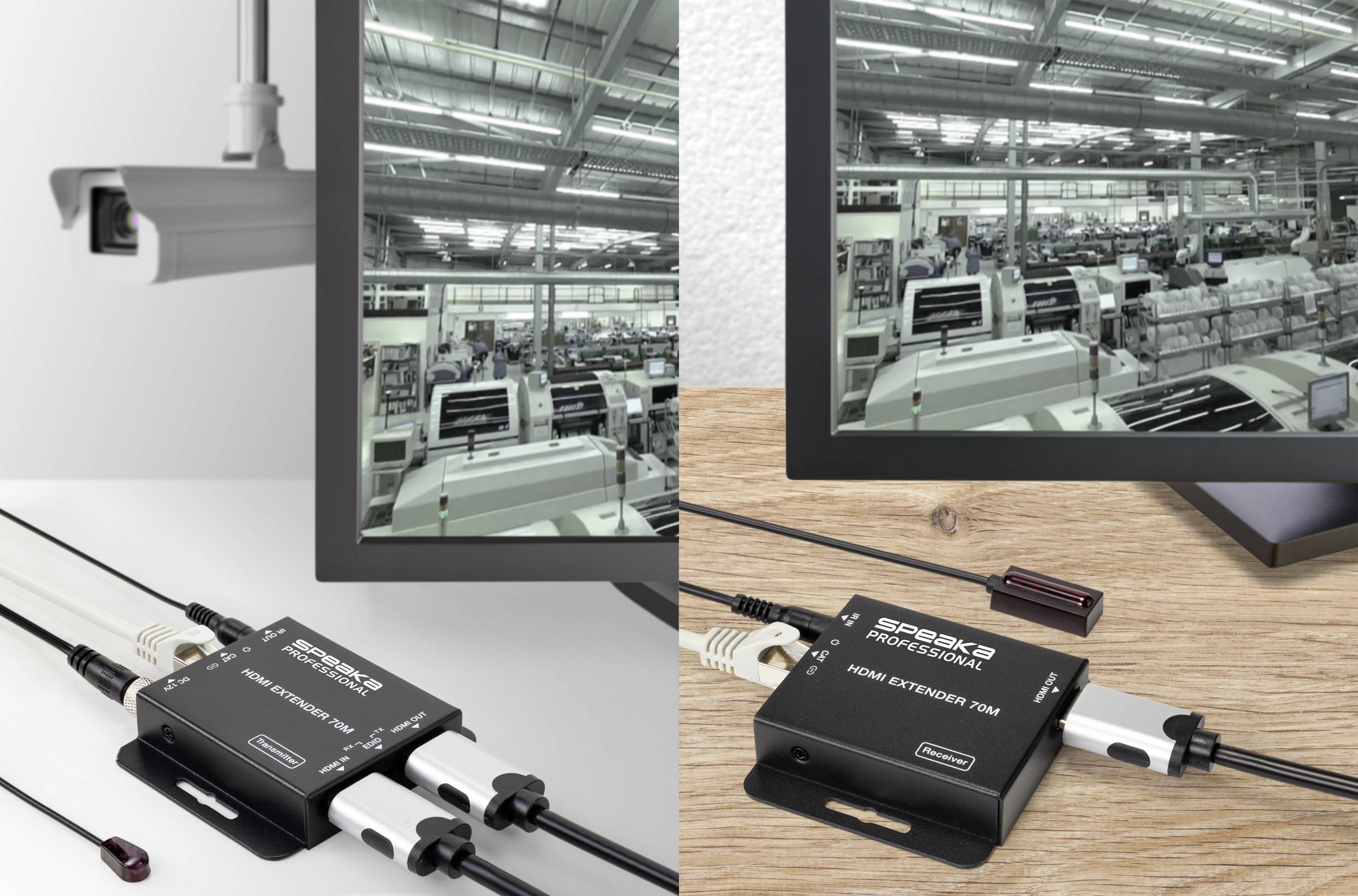 Egy képernyő egy gyártócsarnokot mutat, amelyben gépek találhatók, HDMI-elosztókon keresztül csatlakoztatva, amelyek gondoskodnak a hosszú távú jelátvitelről.