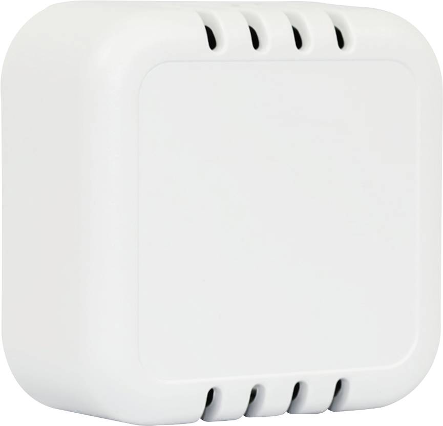 A kép egy fehér, téglalap alakú elektronikai eszközt ábrázol, lekerekített sarkakkal és szellőzőnyílásokkal az oldalain.