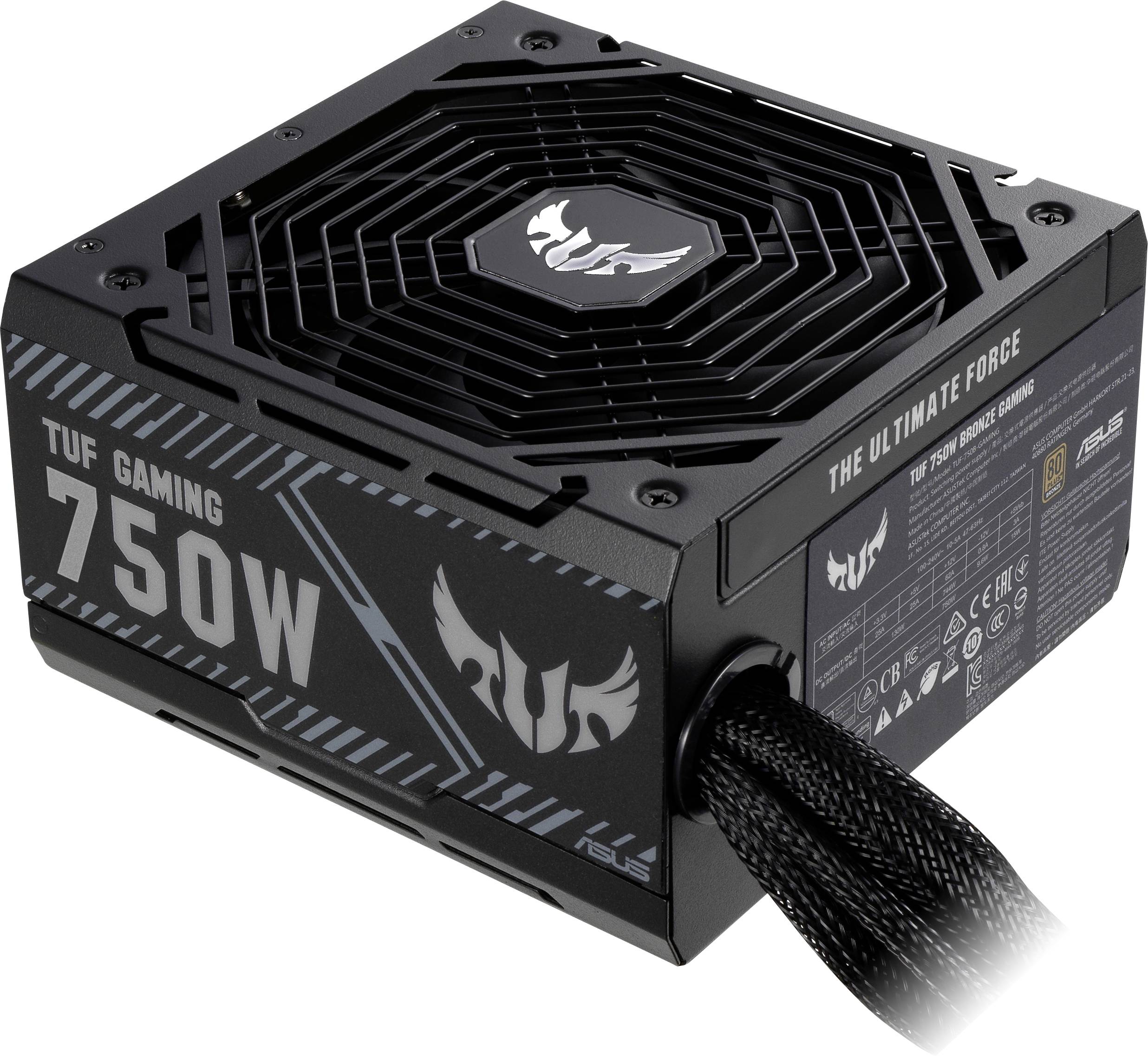 Fekete PC tápegység 'TUF Gaming 750W' felirattal, kábelátvezetővel, logóval a tetején, alkalmas játékszámítógépekhez.