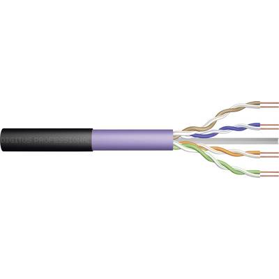 Egy lila külső borítású Cat.6a Ethernet-kábel, amely négy sodort érpárat és árnyékolást mutat különböző színű vezetékekkel.