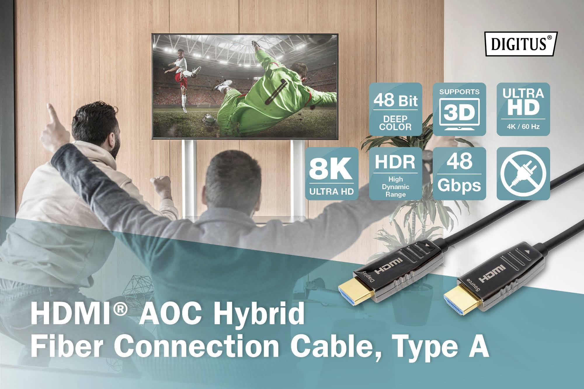 Két ember néz egy labdarúgó-mérkőzést egy UHD-tévékészüléken. Az előtérben HDMI-kábelek láthatók műszaki specifikációkat ismertető szövegleírásokkal.