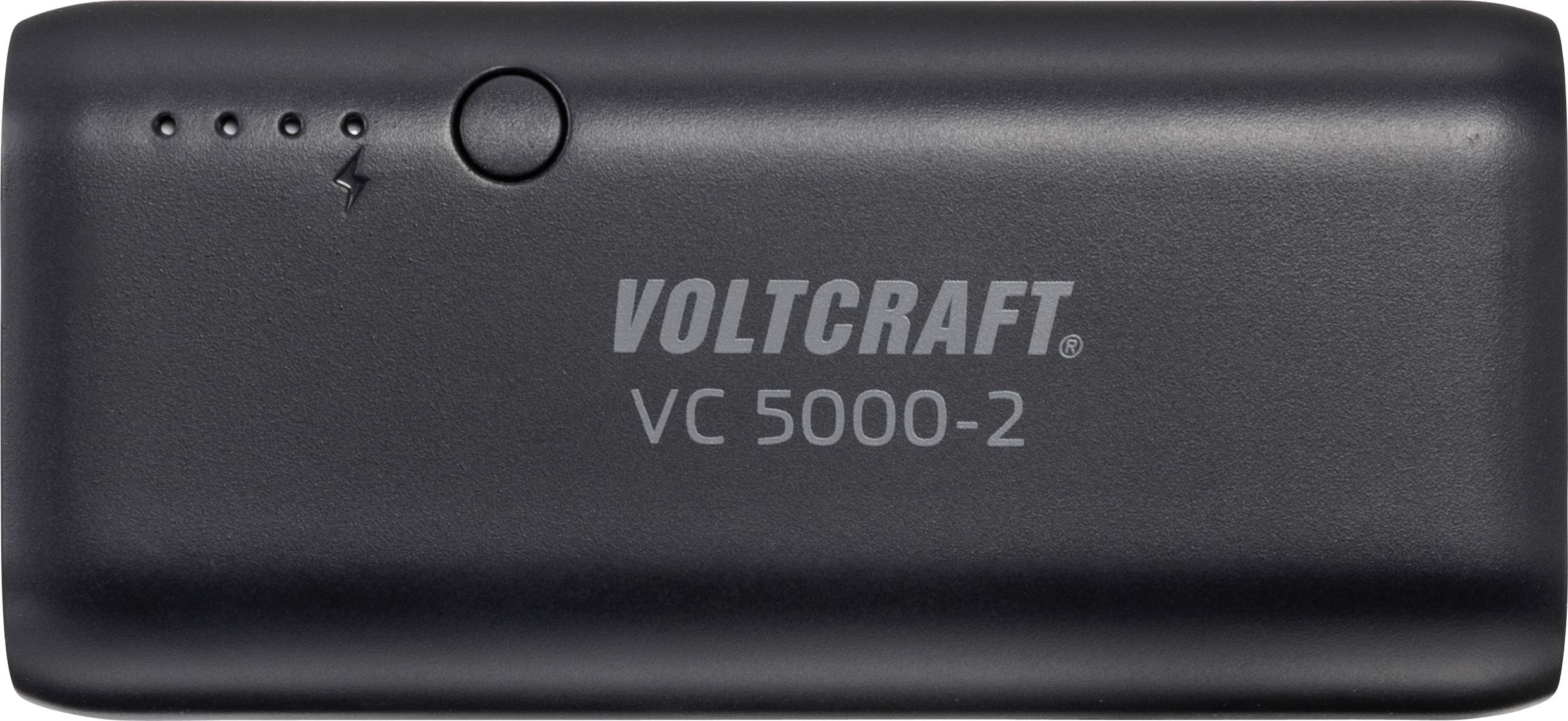Fekete VOLTCRAFT VC 5000-2 powerbank töltésjelzővel és villámszemléltető szimbólummal, amely mutatja a töltöttségi állapotot.