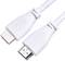 Egy fehér HDMI-kábel két csatlakozóval, az egyik málna logóval, a másik 'HDMI' felirattal ellátva.