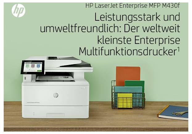 HP LaserJet Enterprise MFP M430f nyomtató irodai fájlok mellett, német címsor mellett, amely az erős, környezetbarát legkisebb vállalati multifunkciós nyomtatót népszerűsíti.