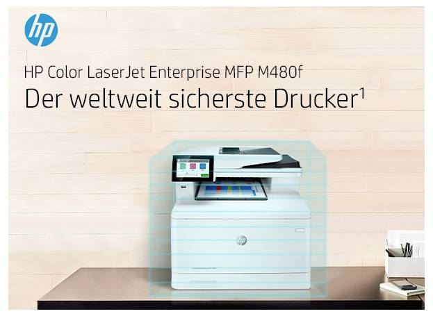 # HP Color LaserJet Enterprise MFP M480f nyomtató<br><br>A világon legbiztonságosabb nyomtató<br><br>---<br><br>*(Translation of the described printer advertisement with boxed printer image and German headline translated to Hungarian)*