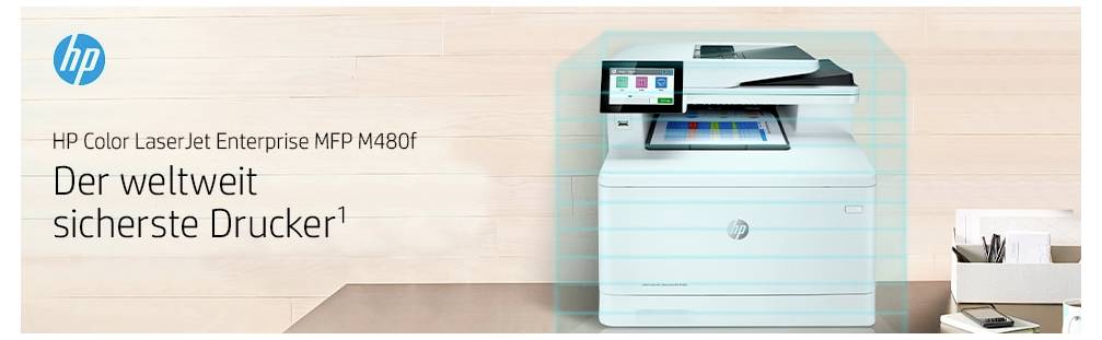 HP Color LaserJet Enterprise MFP M480f nyomtató hirdetés német szöveggel "Der weltweit sicherste Drucker" és a nyomtató képe a jobb oldalon.