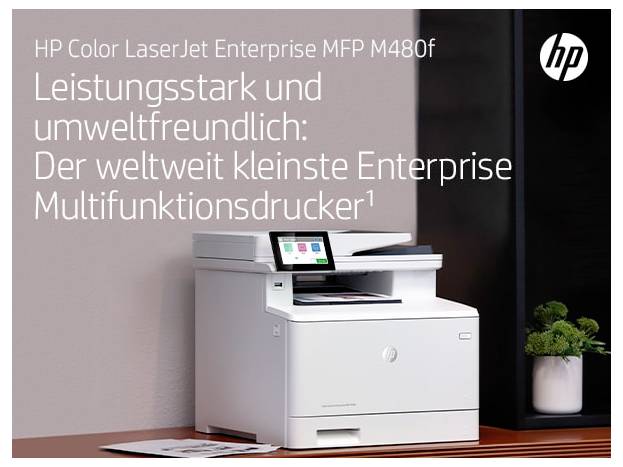 HP Color LaserJet Enterprise MFP M480f nyomtató hirdetés német szöveggel, amely egy erős, környezetbarát, kompakt multifunkciós nyomtatót népszerűsít; HP logó látható.