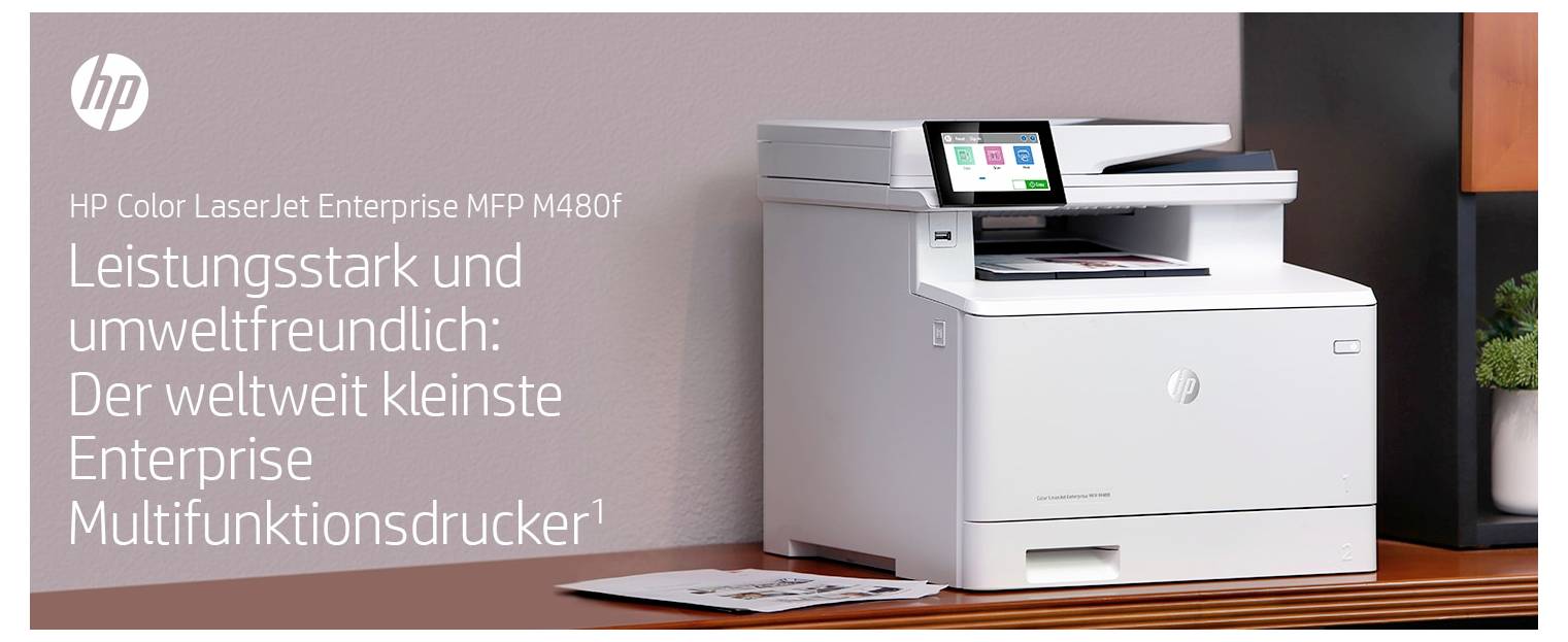 HP Color LaserJet Enterprise MFP M480f multifunkciós nyomtató, amely német hirdetésszöveggel jelenik meg, amely erős, környezetbarát és a világ legkisebb vállalati MFP nyomtatójaként népszerűsíti.
