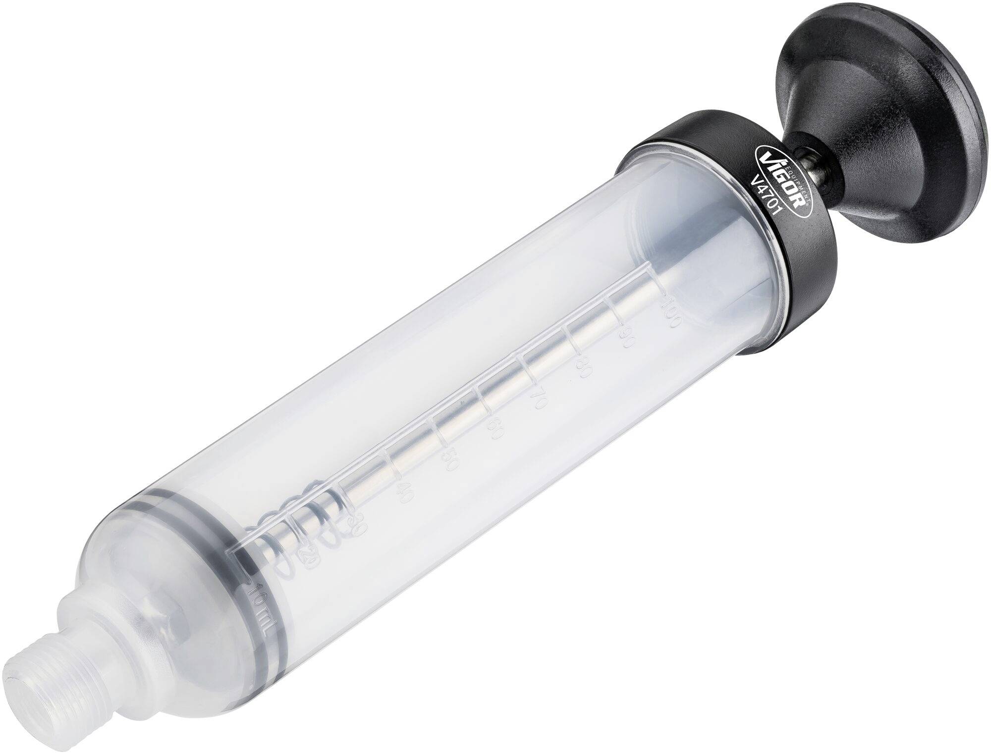 Egy fekete fogantyús, átlátszó műanyag fecskendő, amely oldalára fektetve látható, ml-jelölésekkel ellátva. Alkalmas pontos folyadékmérésre.