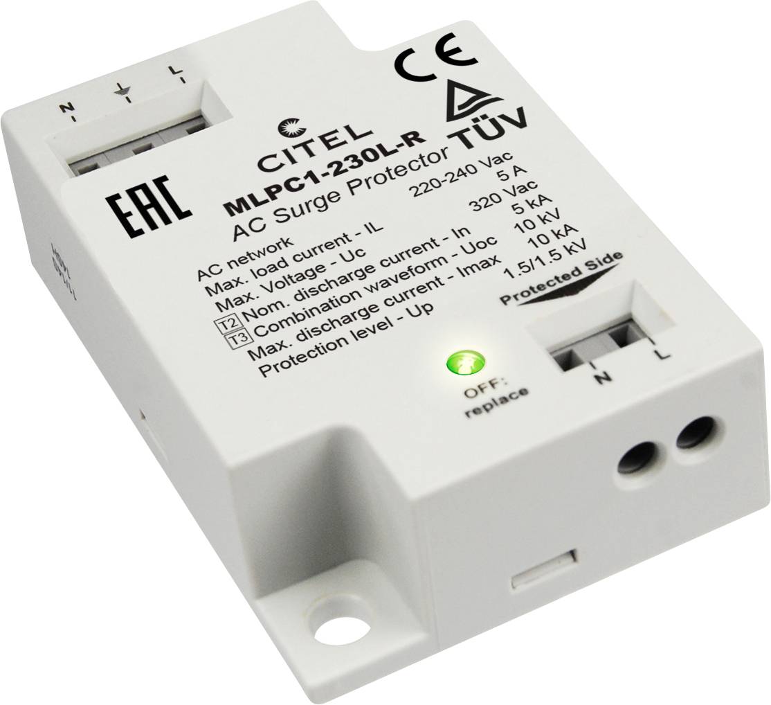 Túlfeszültség-védelmi eszköz 'CITEL MLPC1-230L-R' műszaki specifikációkkal és TÜV-tanúsítvánnyal, fehér műanyag burkolattal.