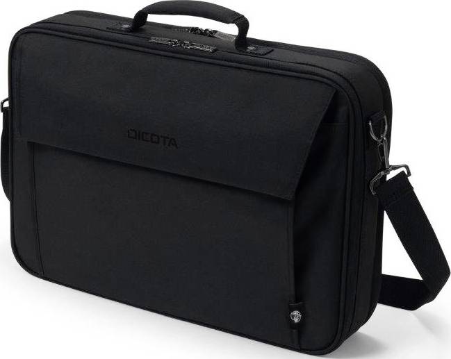 Fekete laptoptáska fogantyúval és levehető vállpánttal, márkanév látható az elülső oldalon.