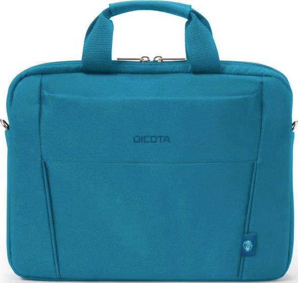 Egy kék laptop táska fogantyúval és cipzárral, elöl a 'Dicota' márkafelirattal.