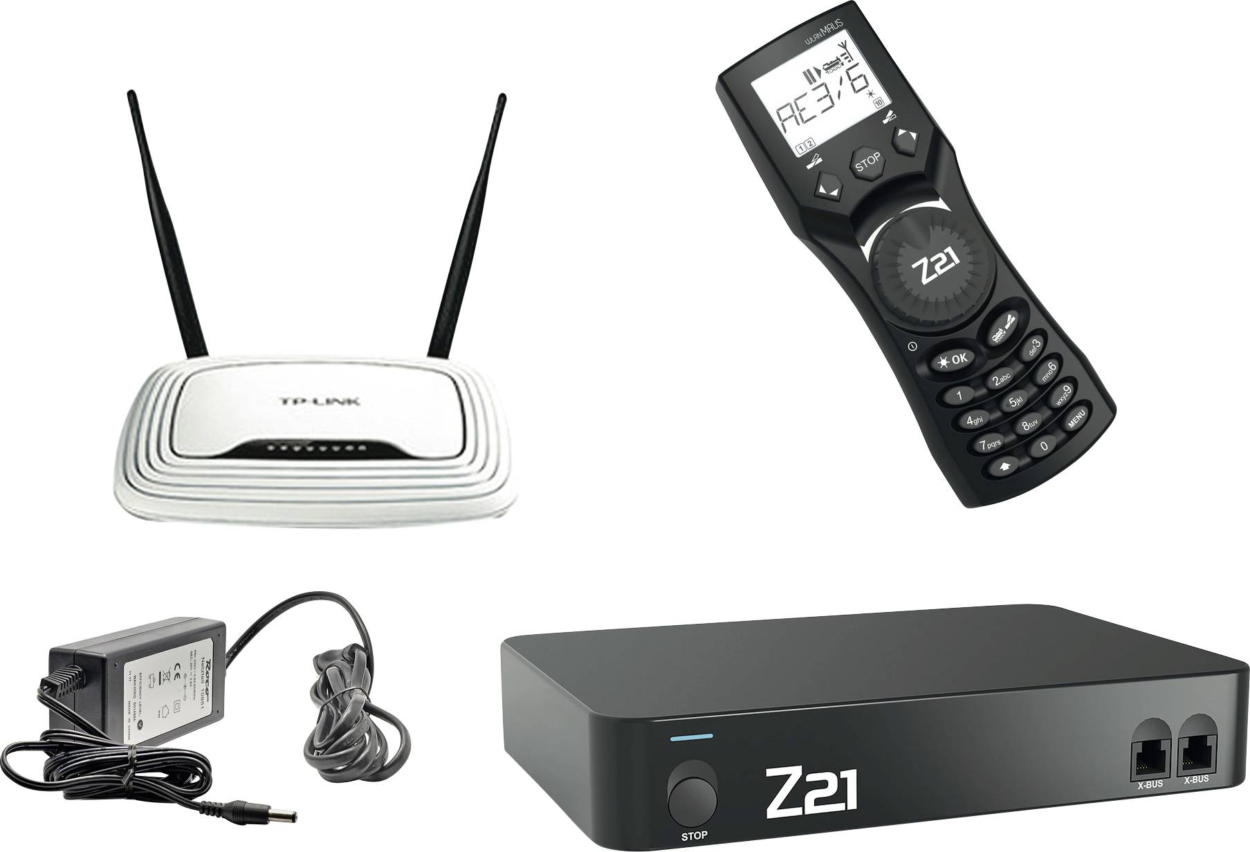 Egy WLAN-router, egy kijelzős távirányító és egy kábel egy fekete streaming dobozhoz vezetnek, amelyen a 'Z21' felirat olvasható.
