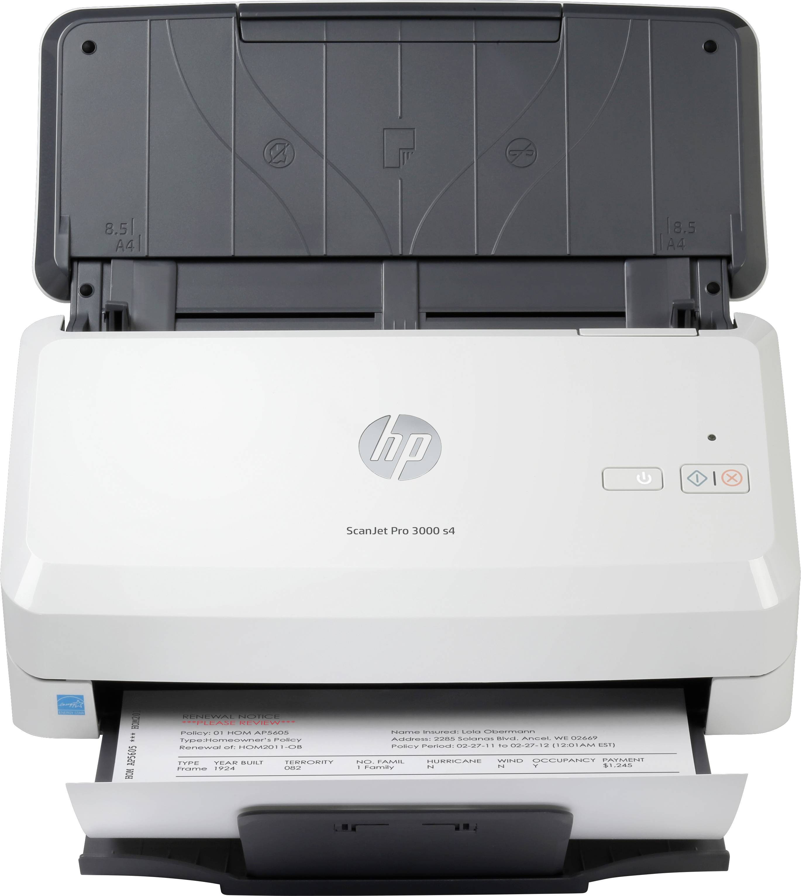 Egy HP-szkenner, ScanJet Pro 3000 s4 modell, szkenneli a dokumentumot. A készülék fehér és fekete színben készült.