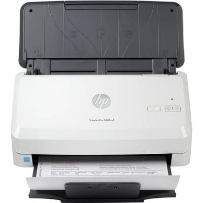 Egy HP-szkenner, ScanJet Pro 3000 s4 modell, szkenneli a dokumentumot. A készülék fehér és fekete színben készült.