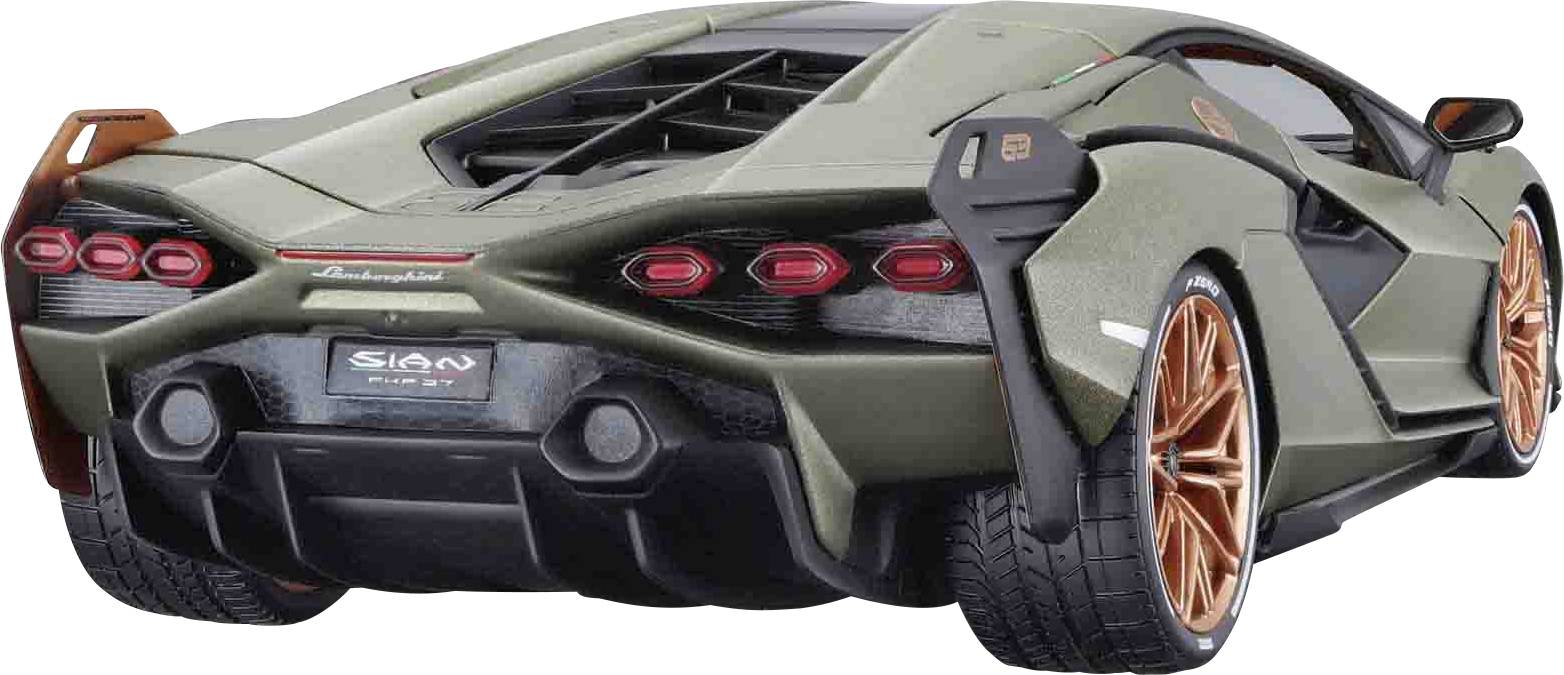 A Lamborghini Sian hátulnézete szürke karosszériával és piros kerekekkel. Luxus sportautó dinamikus formatervezéssel.